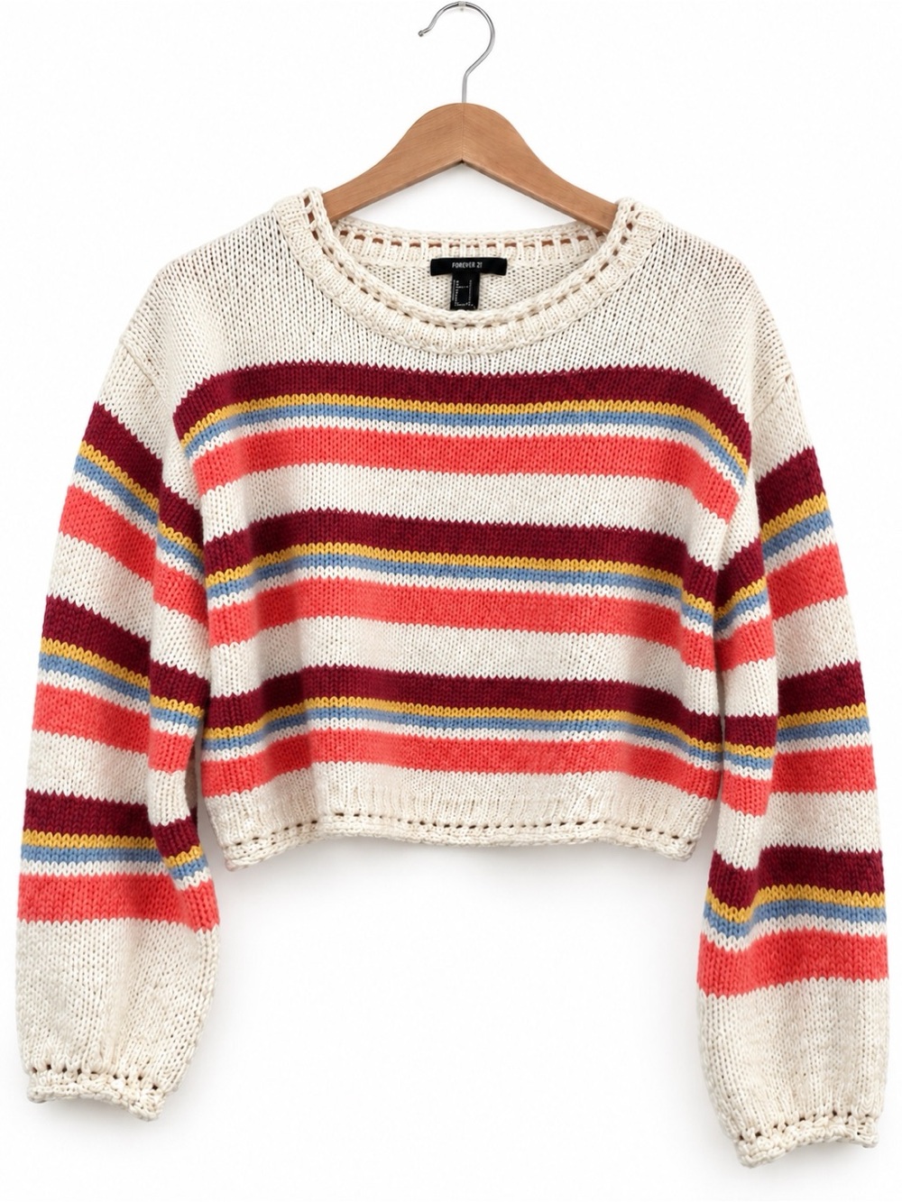Forever 21 Retro Striped Sweater Rainbow Knit Rolled Trim